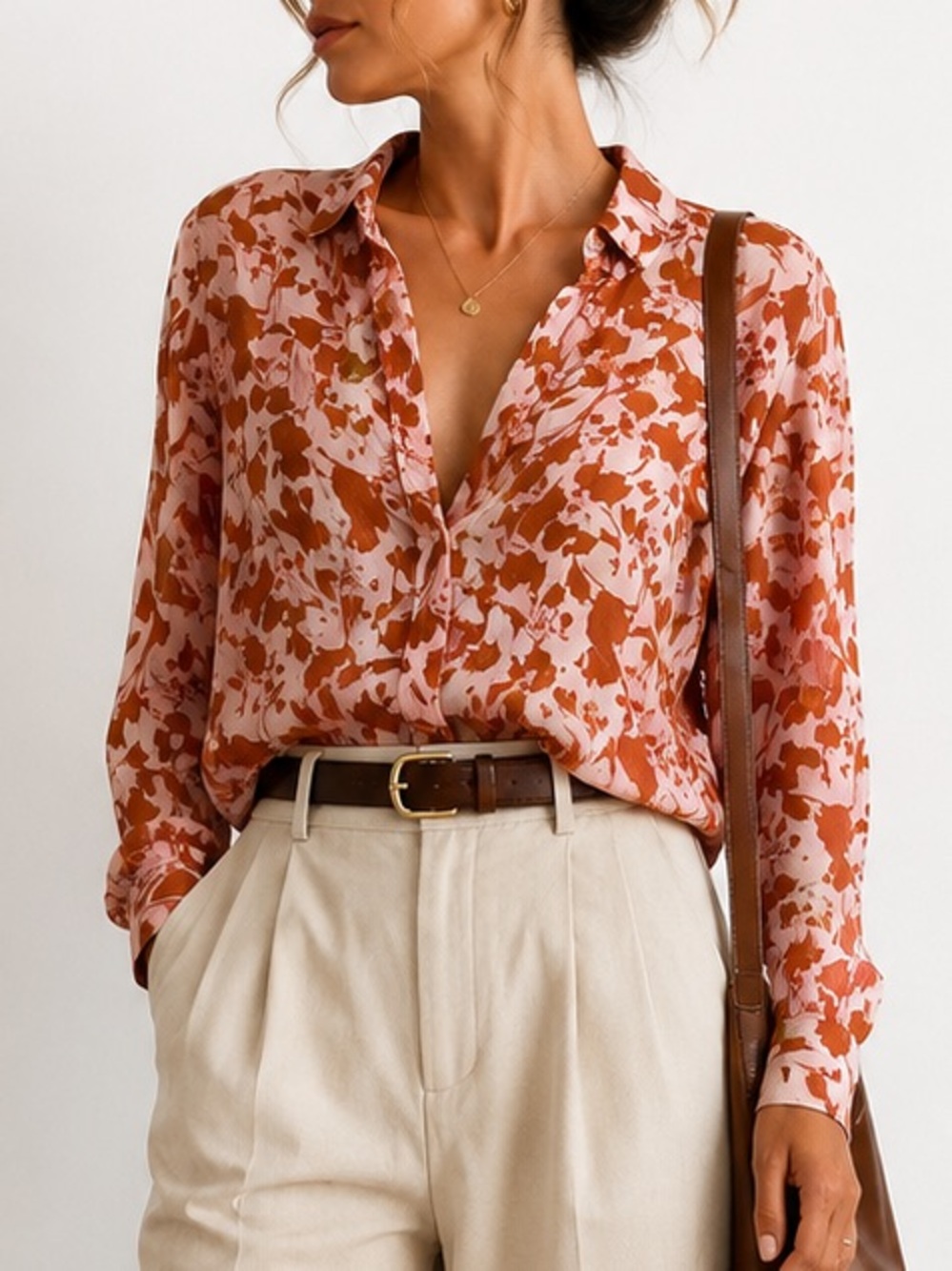 A new day Floral Sheer Button Up Shirt | Pink & Terracotta Orange